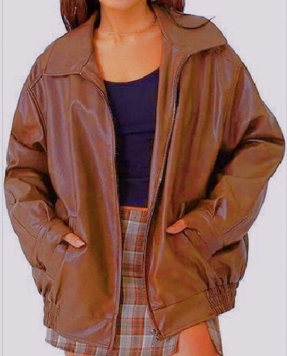 Damen Lederjacke Lässig Großer Kragen Eveloria