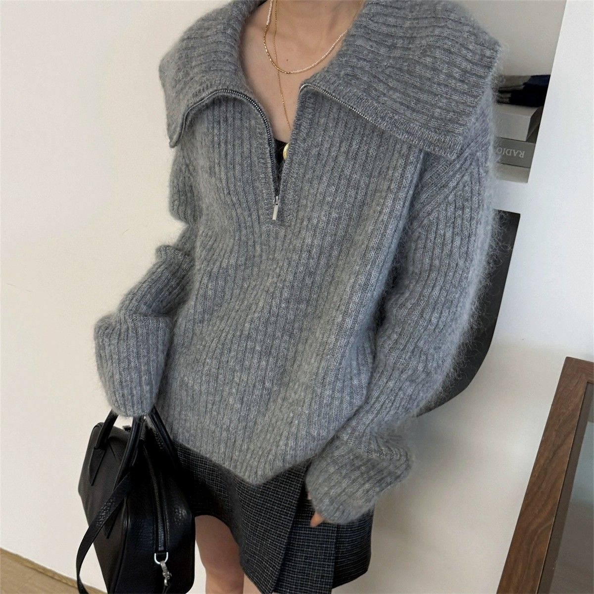 Damen Strickpullover Großkragen Reißverschluss Eveloria