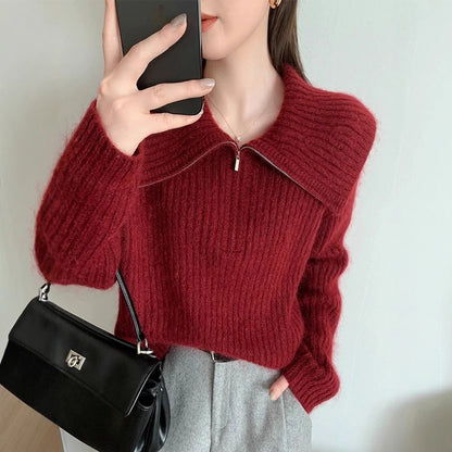 Damen Strickpullover Großkragen Reißverschluss Eveloria