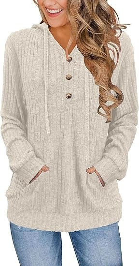 Damen Kapuzenpullover Kuschelfleece Knöpfe Taschen Beige