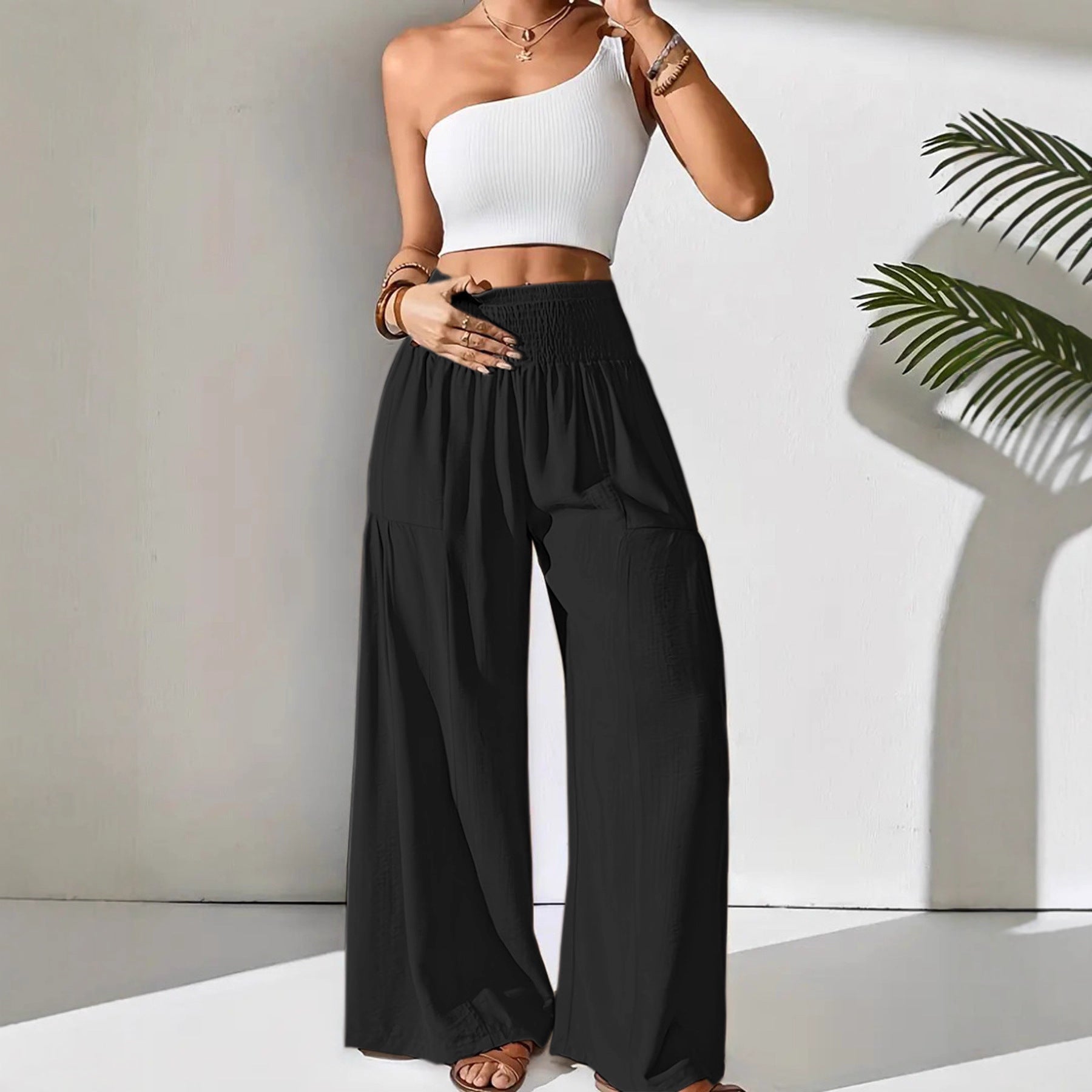 Damen Sommerhose Elastisch Weit mit Seitentaschen Beige - Eveloria