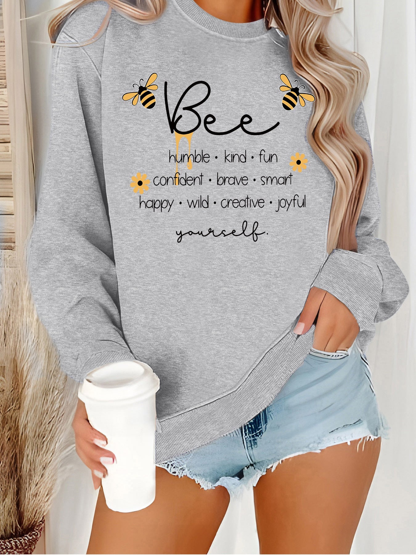Damen Sweatshirt Bienenmotiv Positives Design Grau