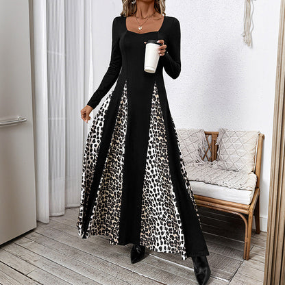 Damen Maxikleid Tiermuster Ärmel Kontrast