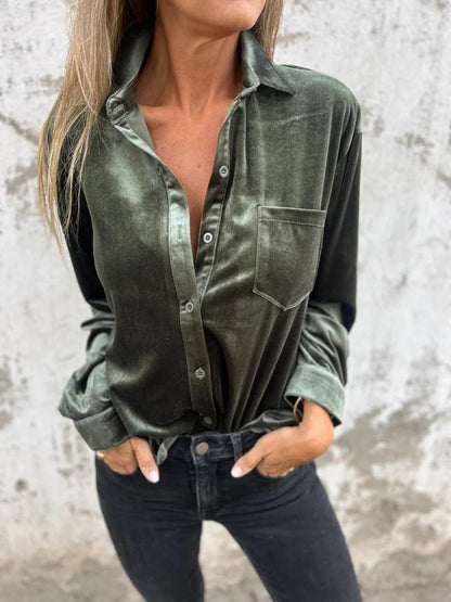 Damen Samtbluse Elegante Bluse Mit Brusttasche Eveloria