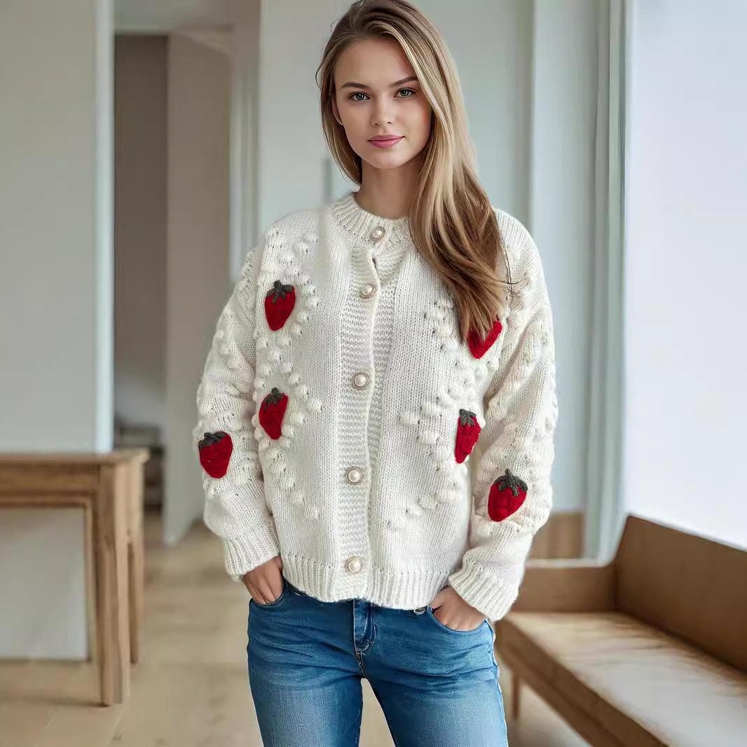 Damen Strickjacke Erdbeer Stickerei Knopfverschluss