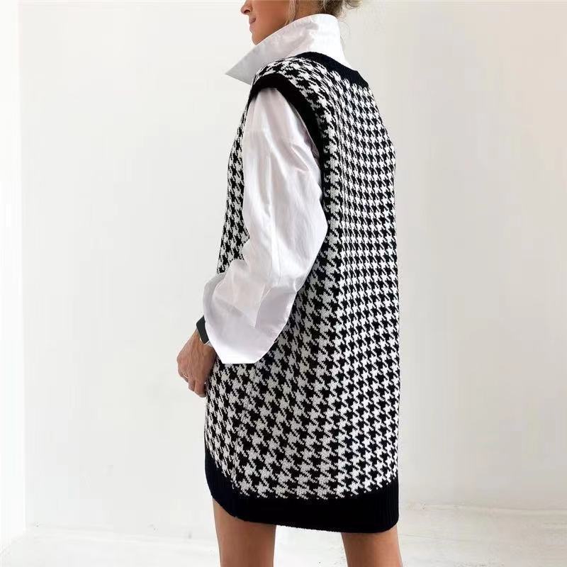 Damen Strickkleid Hahnentrittmuster V-Ausschnitt Moderner Schnitt