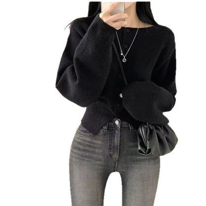 Damen Strickjacke Cropped Oversized Ärmel Knopfleiste Eveloria