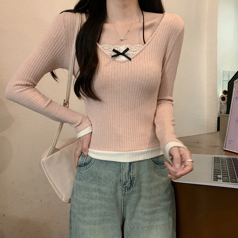 Damen Langarmshirt V-Ausschnitt Spitze Weiß - Eveloria
