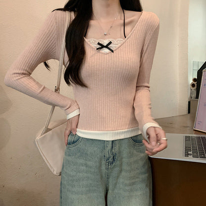 Damen Langarmshirt V-Ausschnitt Spitze Weiß - Eveloria