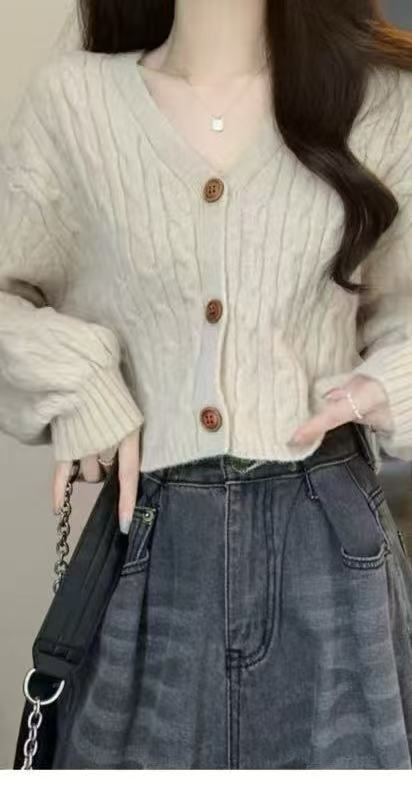 Damen Grobstrick-Cardigan Knöpfe V-Ausschnitt Beige