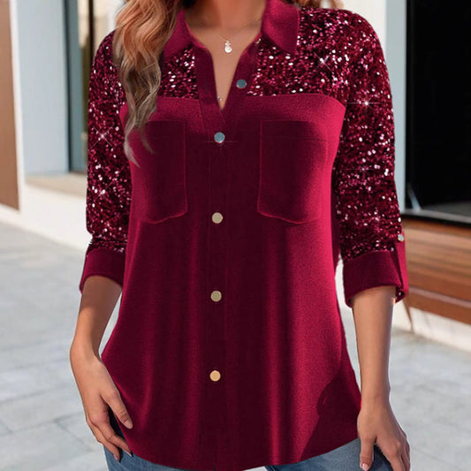 Damen Bluse mit Paillettenärmel Glitzer Effekt - Eveloria