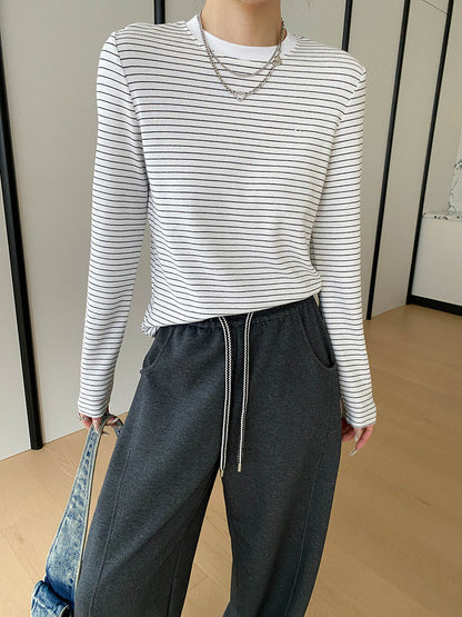 Damen Langarmshirt Klassisches Streifenmuster Rundhals Weiss