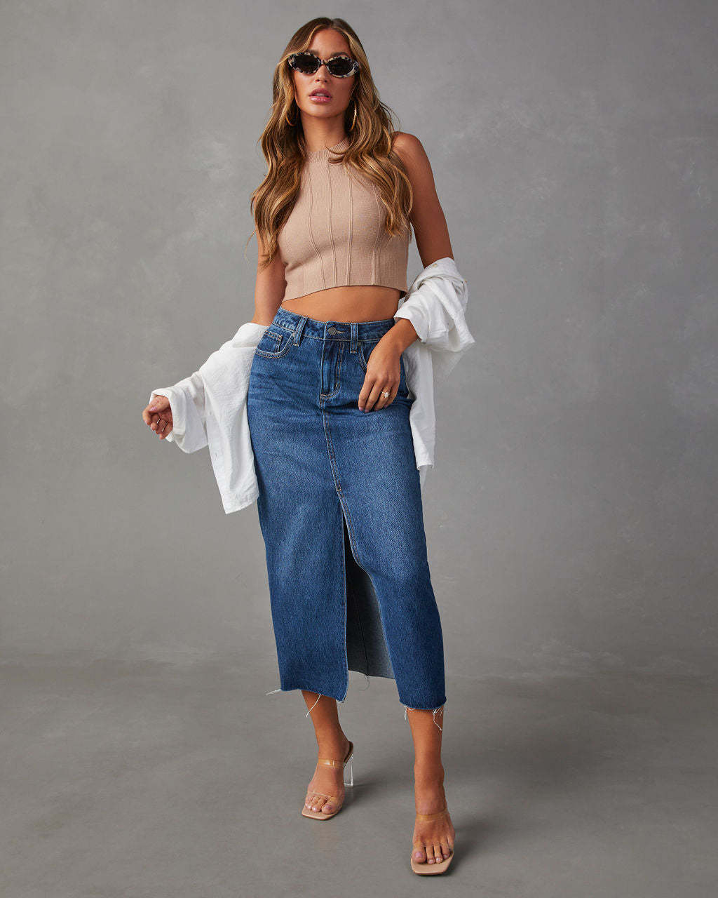 Damen Bleistiftkleid Jeans Hochgeschnitten Seitlichem Schlitz Blau