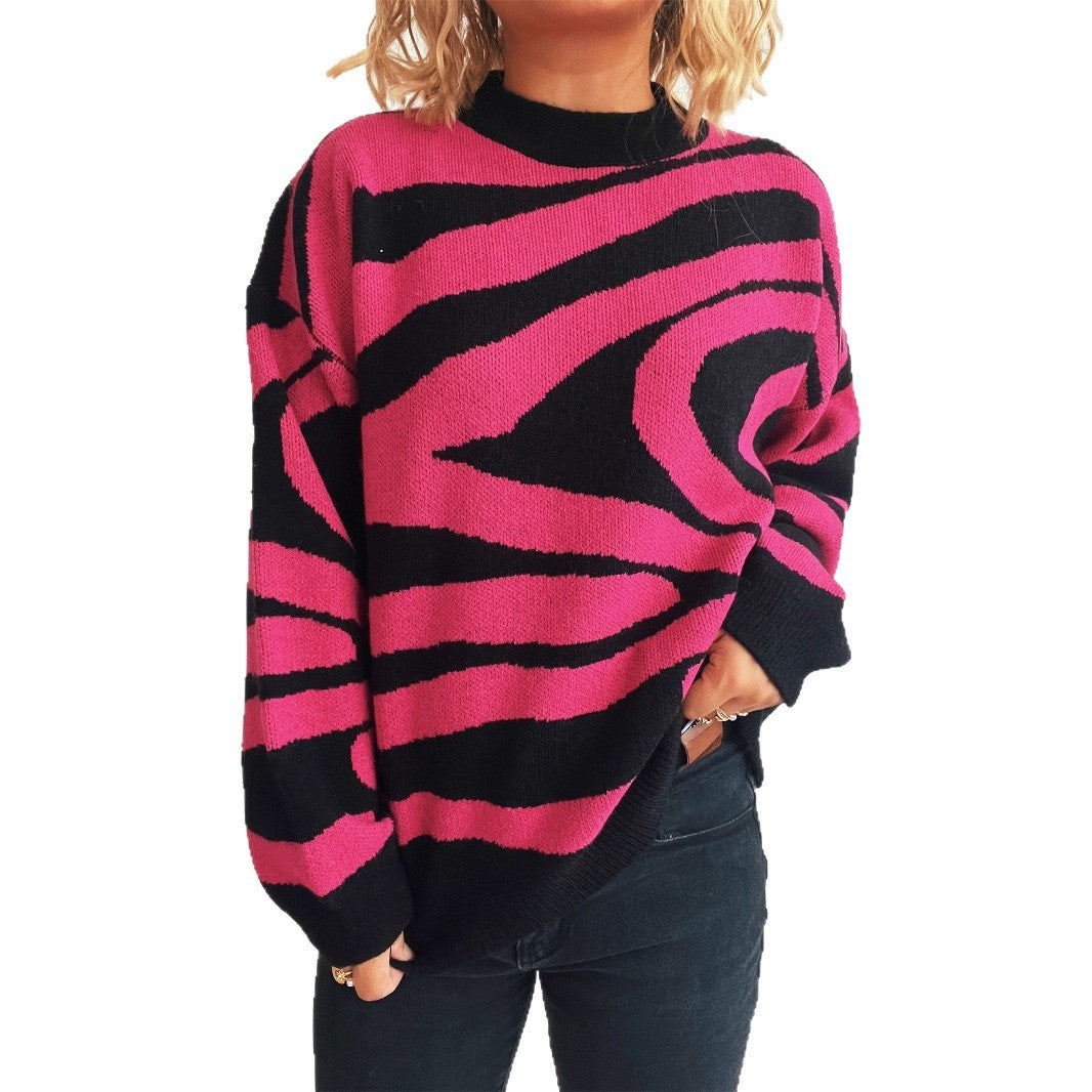 Damen Oversized-Pullover Zebra-Muster Kuschelfleece Grau