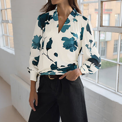 Damen Bluse Floralmuster Modernes Revers Eveloria