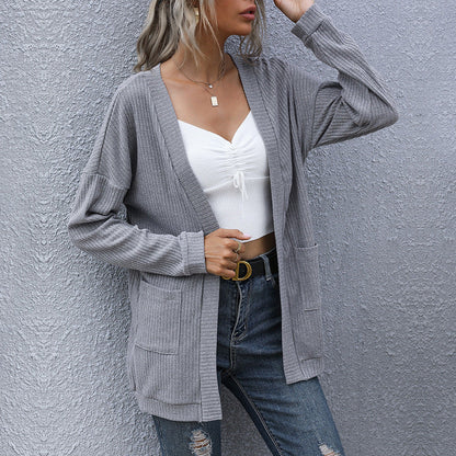 Damen Strickjacke Lässig Offener Schnitt Mit Taschen Beige