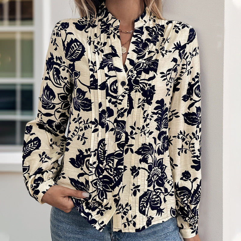 Damen Bluse Floralmuster Elegante Faltendetails Blau