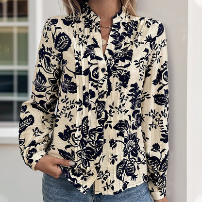 Damen Bluse Floralmuster Elegante Faltendetails Blau