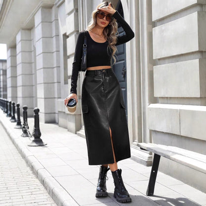 Damen Midirock Kunstleder Praktische Taschen