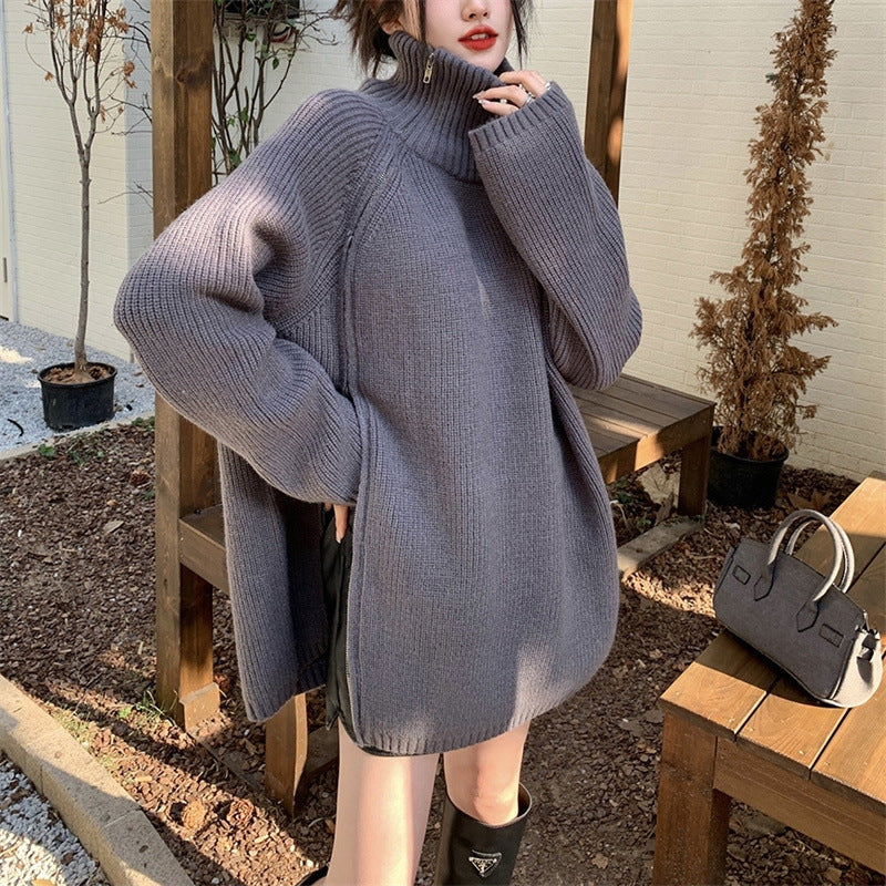 Damen Rollkragenpullover Oversized mit Reißverschluss und Rippenmuster - Eveloria
