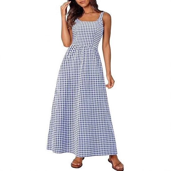 Damen Maxikleid Karomuster Elastisch Schwarz - Eveloria