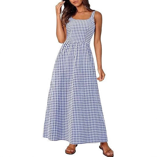 Damen Maxikleid Karomuster Elastisch Schwarz - Eveloria