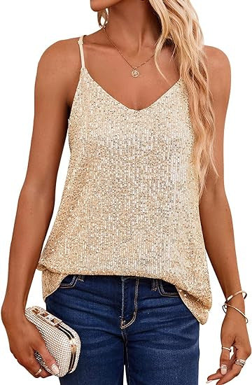 Damen Spaghetti-Trägertop V-Ausschnitt Glitzerdetails Eveloria