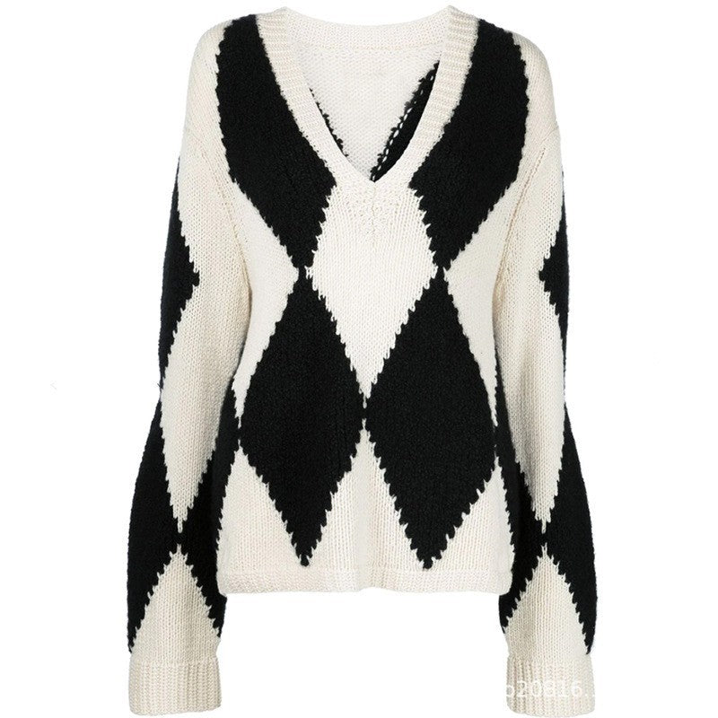 Damen Strickpullover V-Ausschnitt Zickzackmuster