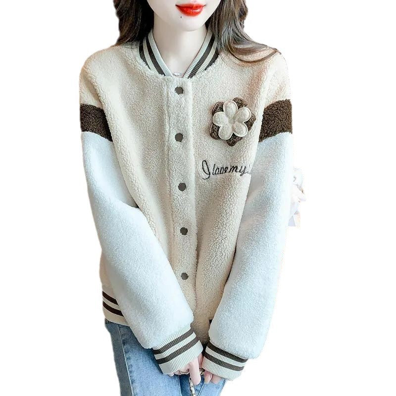 Damen Collegejacke Wollmischung Knopfverschluss Blumenmuster