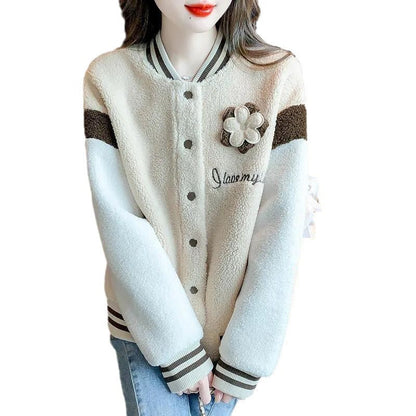 Damen Collegejacke Wollmischung Knopfverschluss Blumenmuster