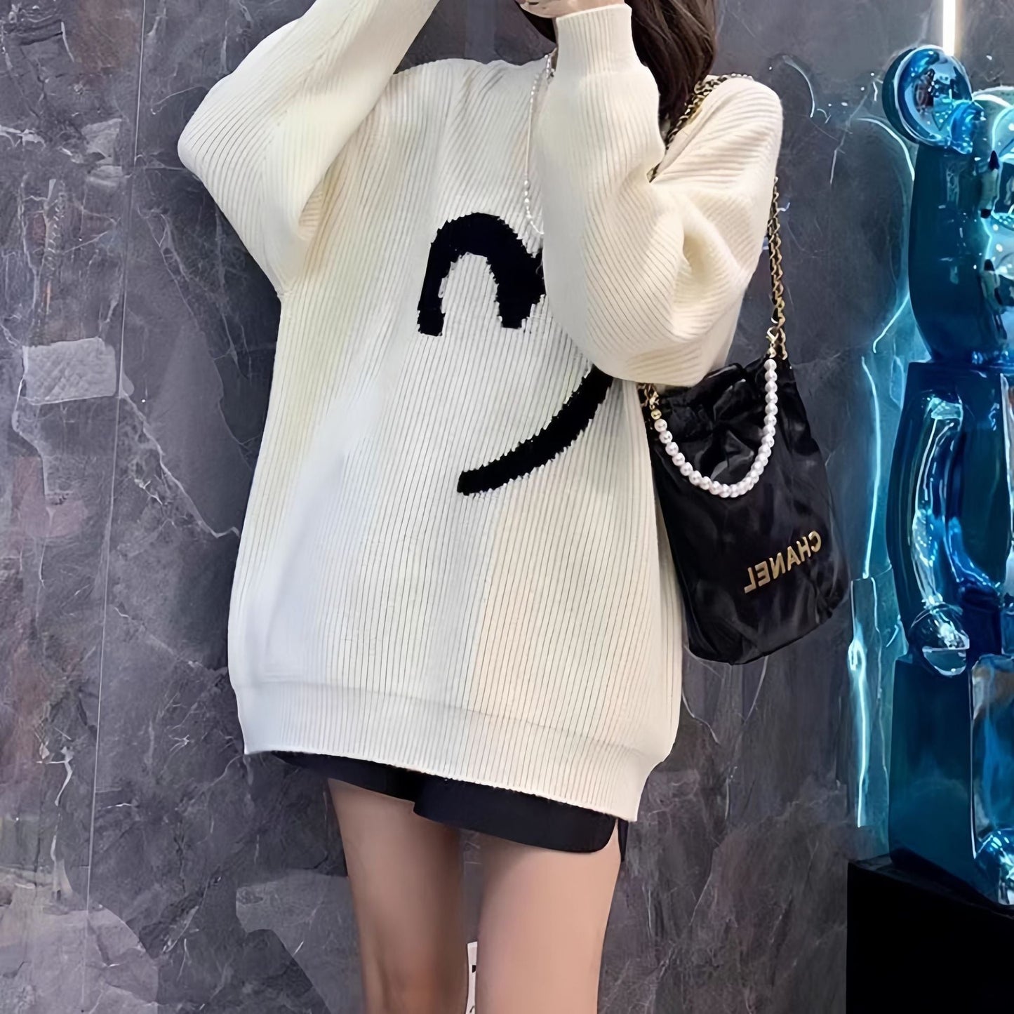 Damen Pullover Übergröße Stricksmiley Muster Eveloria