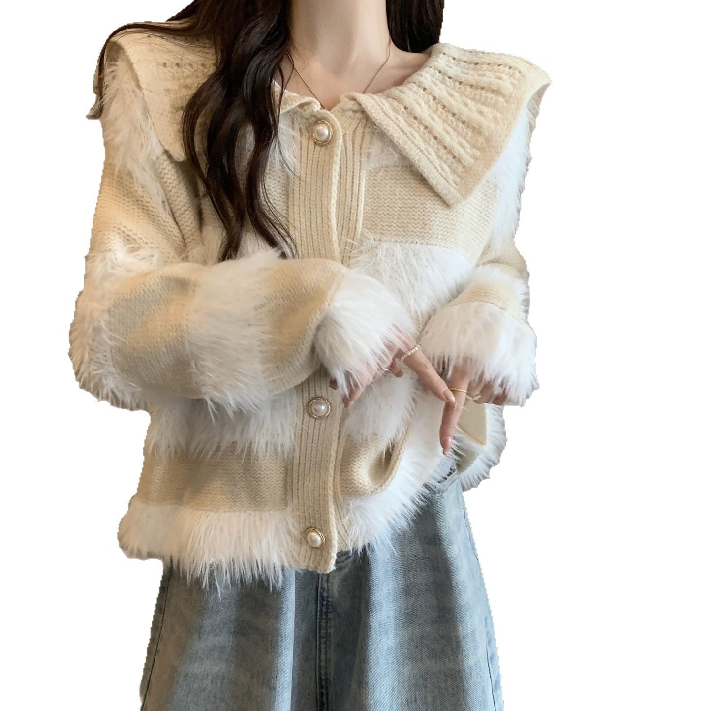 Damen Strickjacke Geflochtener Kragen Kunstfell
