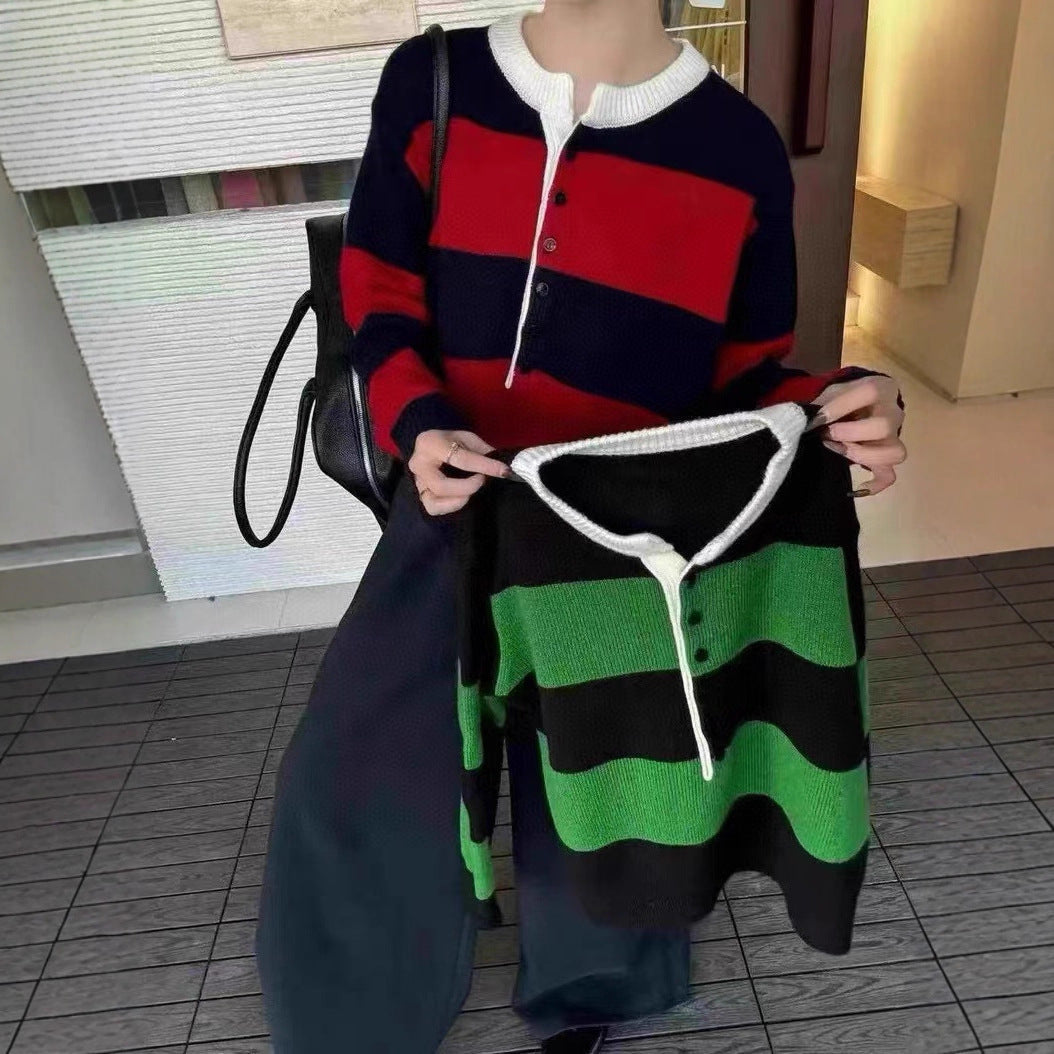 Damen Strickpullover Kurzärmlig Kontraststreifen Blau Eveloria