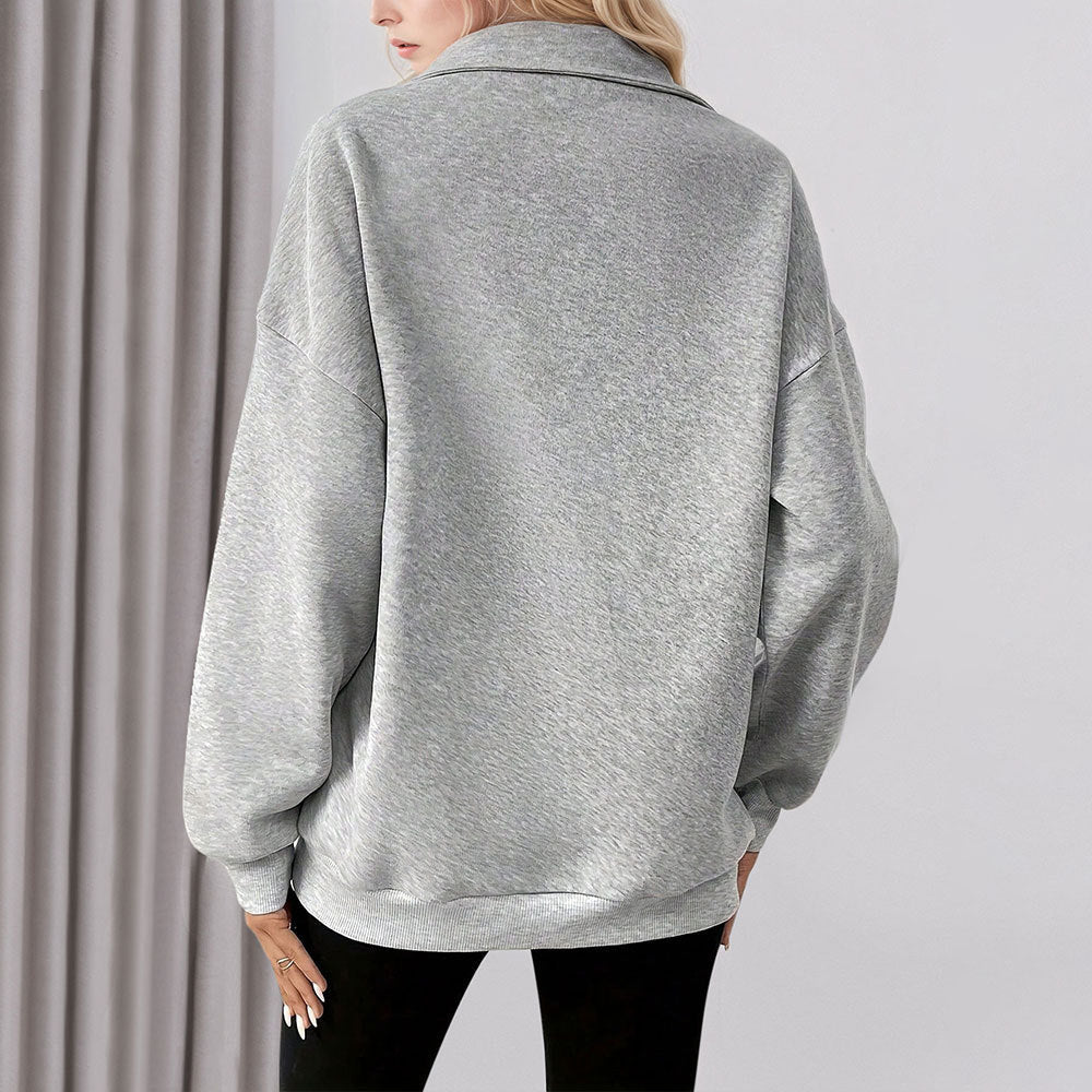 Damen Sweatpullover Halbzipp Reißverschluss Taschen Grau Eveloria