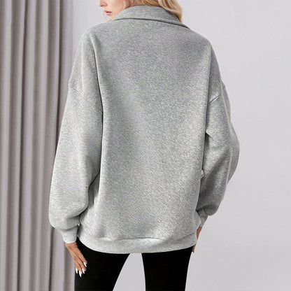 Damen Sweatpullover Halbzipp Reißverschluss Taschen Grau Eveloria