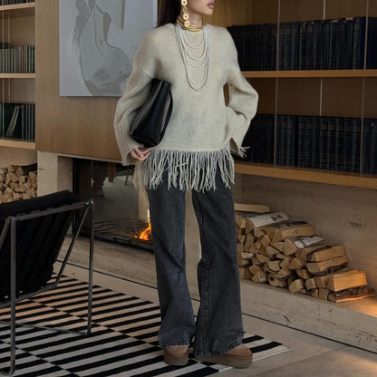 Damen Strickpullover mit Fransen Eveloria