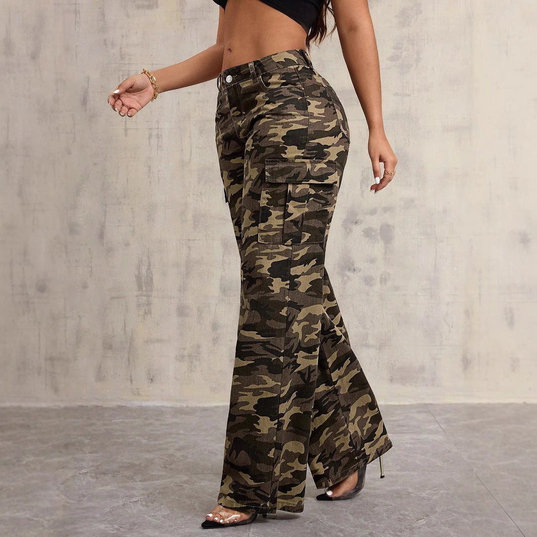 Damen Cargo-Hose Camouflage Baumwolle Weite Bein Schwarz - Eveloria