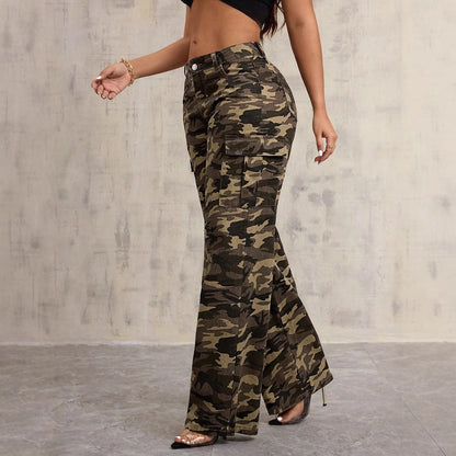 Damen Cargo-Hose Camouflage Baumwolle Weite Bein Schwarz - Eveloria