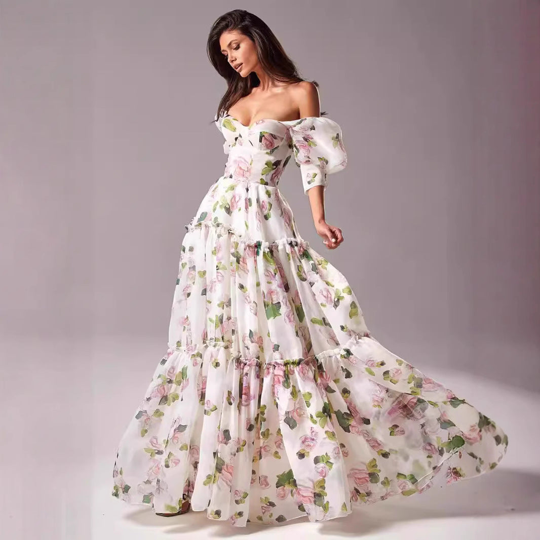 Damen Maxikleid Schulterfrei Rüschenärmel Floralmuster - Eveloria