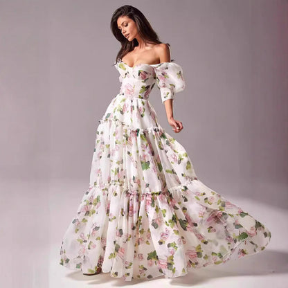 Damen Maxikleid Schulterfrei Rüschenärmel Floralmuster - Eveloria
