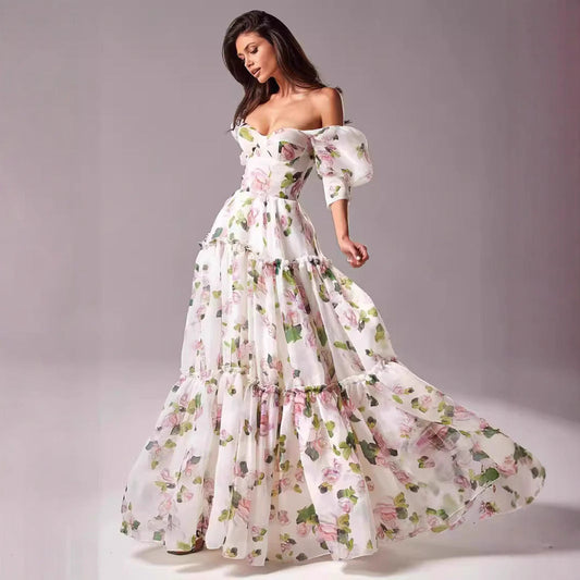 Damen Maxikleid Schulterfrei Rüschenärmel Floralmuster - Eveloria