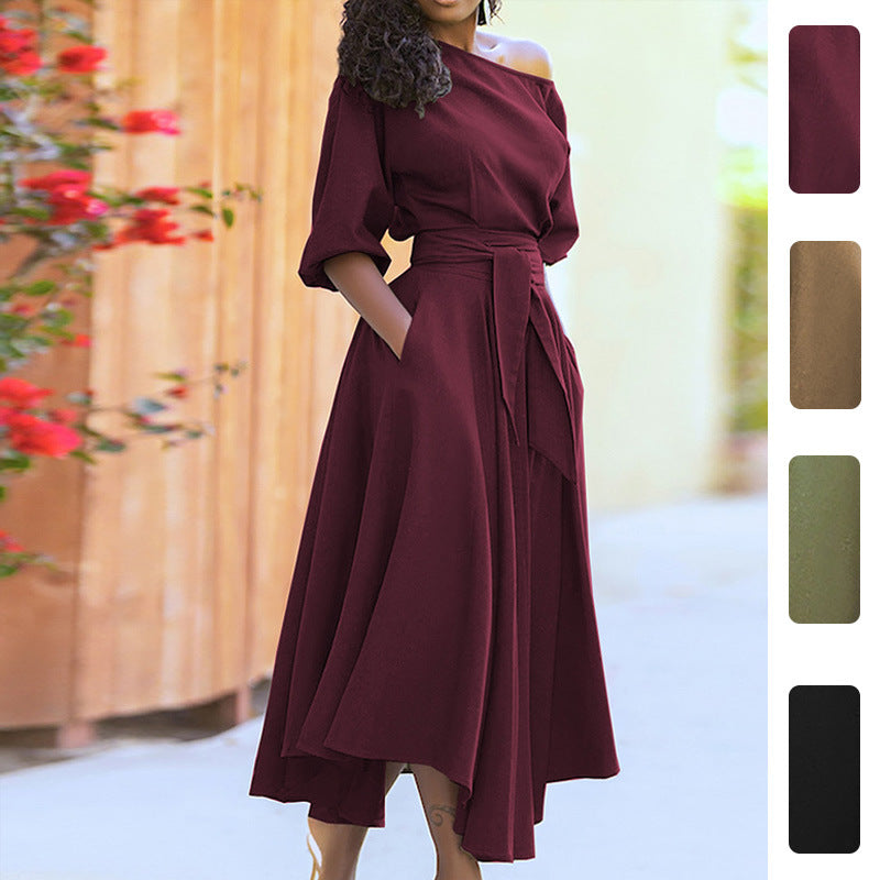 Damen Maxi-Kleid Schulterfrei mit Gürtel Eveloria - Eveloria