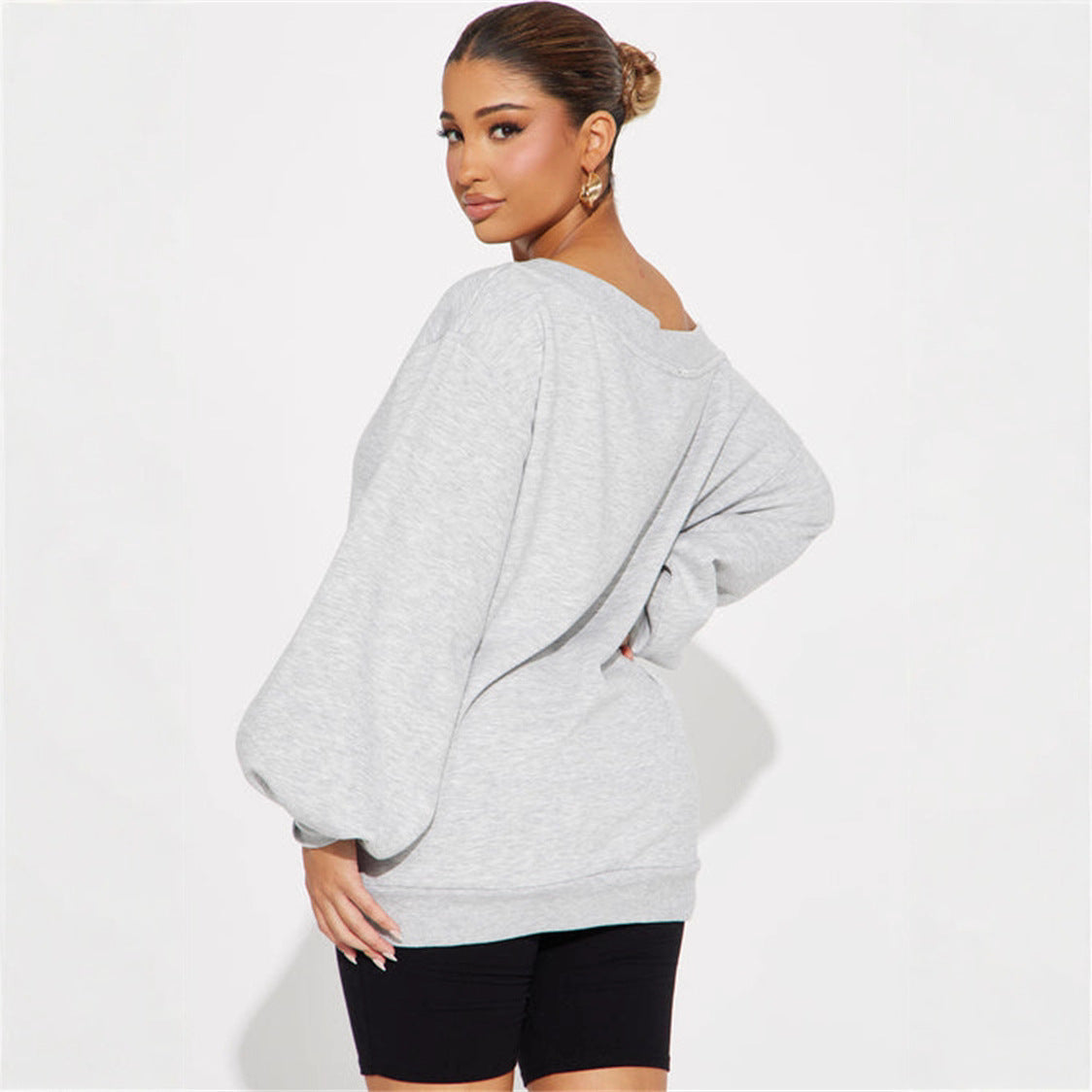 Damen Oversized Sweatshirt Asymmetrischer Ausschnitt Ballonärmel Grau