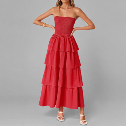 Damen Maxikleid Schulterfrei Voluminöse Rüschenschichten Eveloria