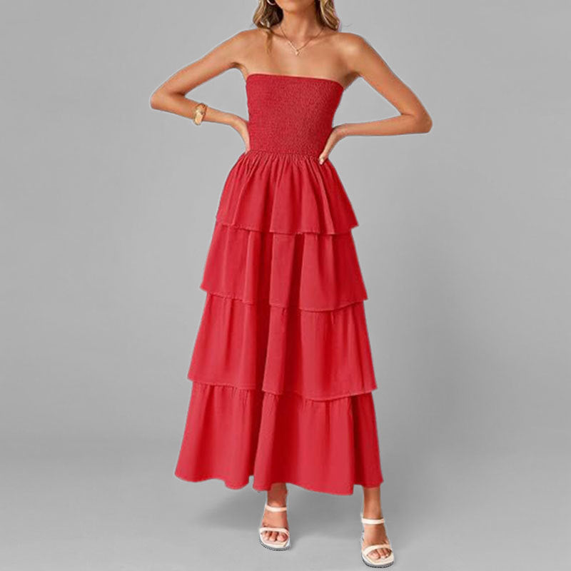 Damen Maxikleid Schulterfrei Voluminöser Stufenrock