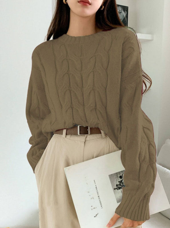 Damen Grobstrickpullover Zopfmuster Weitschnitt