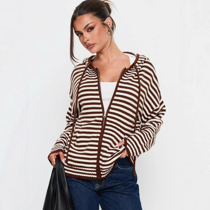 Damen Cardigan Gestreift Hochwertiger Reißverschluss Lässig