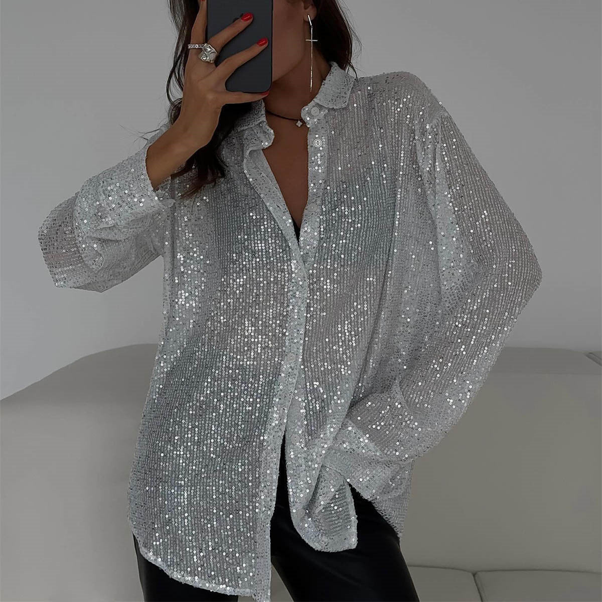 Damen Glitzerbluse Schimmernde Textur Lässiger Schnitt