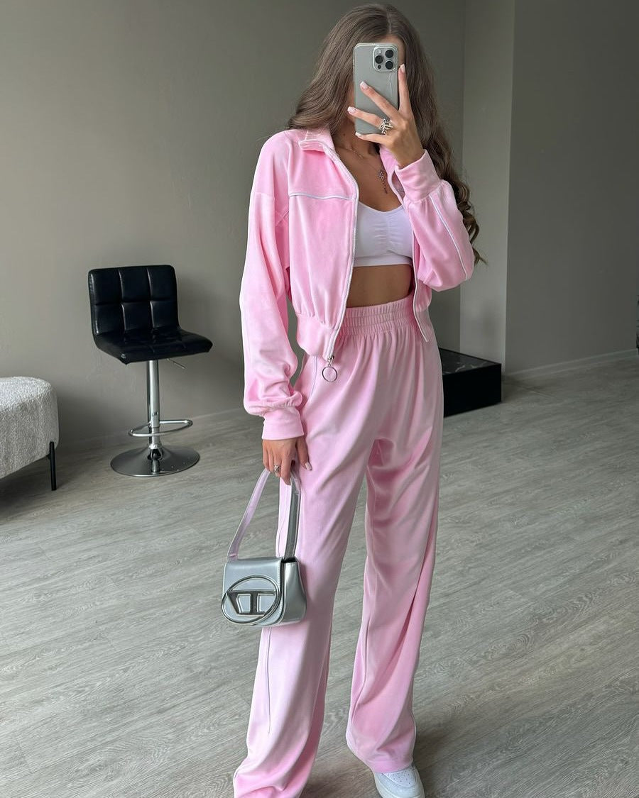 Damen Velours-Joggingset Hochkragen Reißverschluss Eveloria
