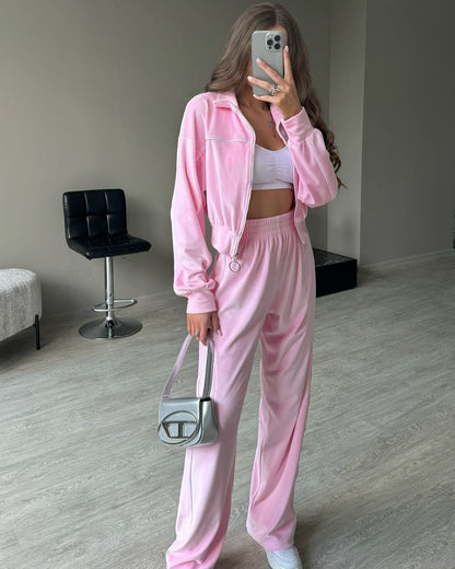 Damen Velours-Joggingset Hochkragen Reißverschluss Eveloria